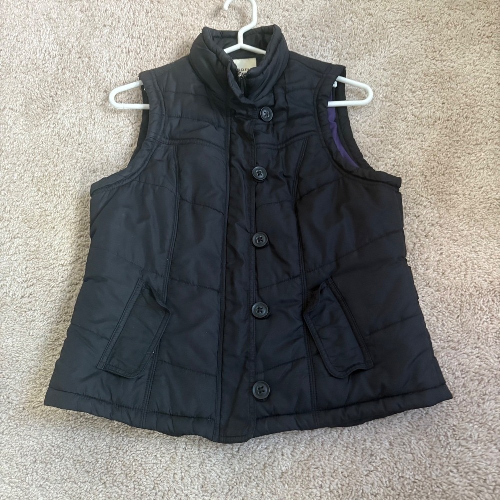 Sonoma Black Puffer Vest Women's Medium Purple Lining Quilted Button Front